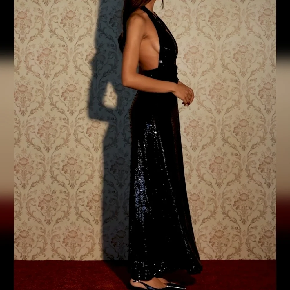 WeWoreWhat Backless Black Sequin Halter Maxi Dress, Women's Size 2